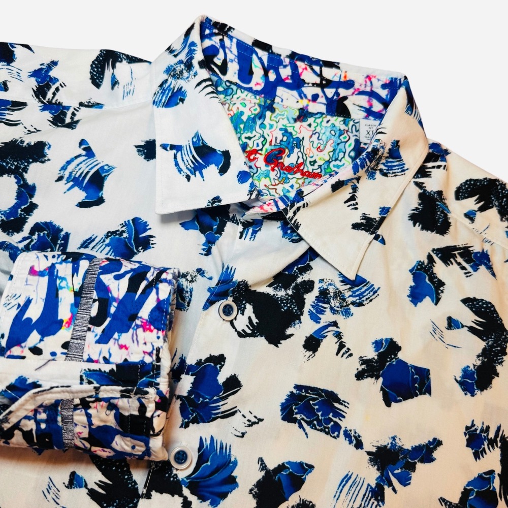 Robert Graham Mens XL White Blue Abstract Brushstroke Long Sleeve Button Down